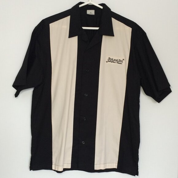 Rock & Roll Hall of Fame Museum Mens Button Shirt Large Ivory Black Short Sleeve - Picture 1 of 7